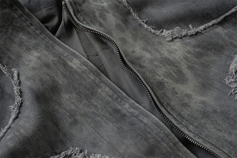 Bomber délavé et usé – Patchwork déconstruit à bords effilochés, coupe oversize