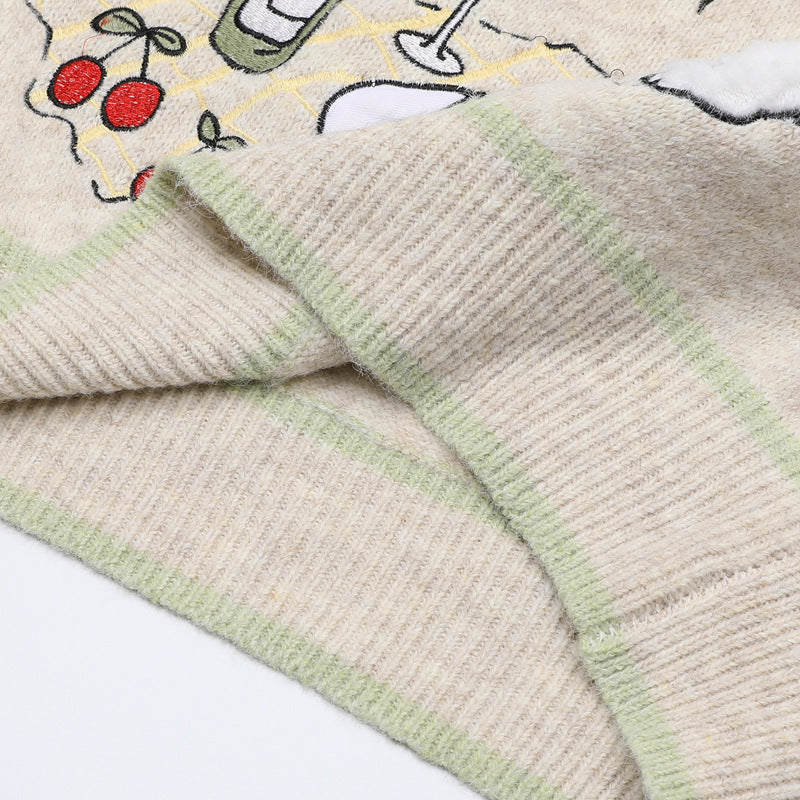 V-Neck Knit Sweater Vest with Cute Puppy Picnic Embroidery