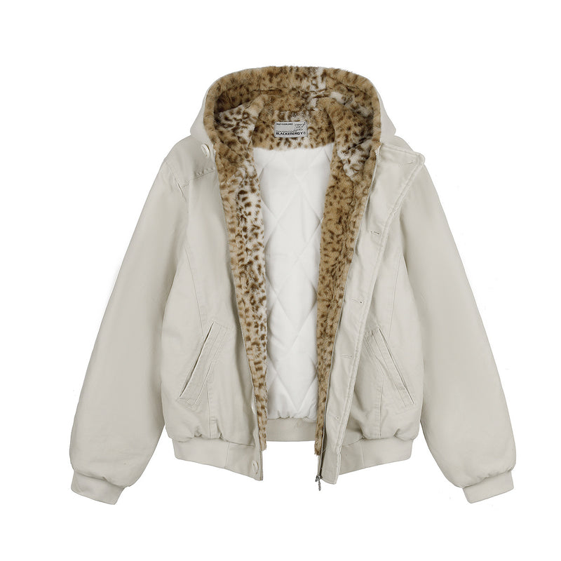 Hooded Bomber Jacket with Faux Leopard Fur-Lined Hood – Relaxed Fit Winter