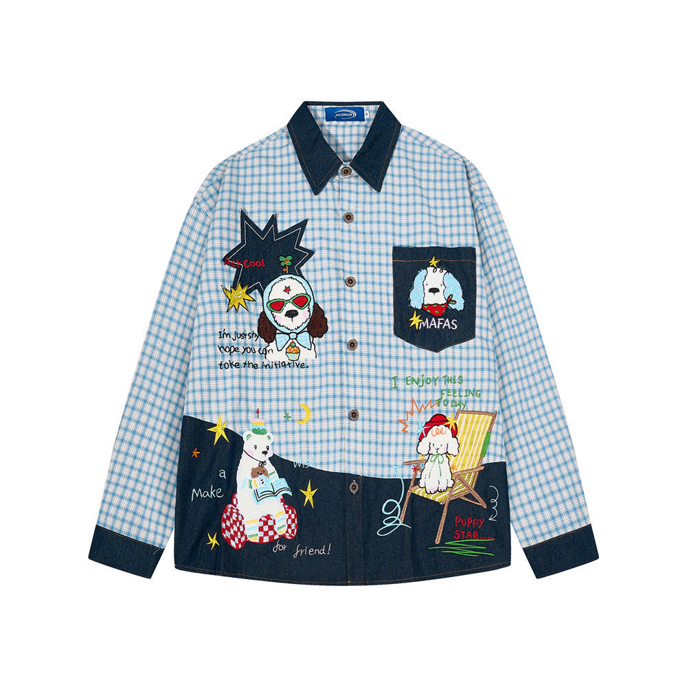Chemise homme coupe décontractée à manches longues, boutonnée, à carreaux bleu clair avec col, poignets et bas contrastants en denim foncé, avec c