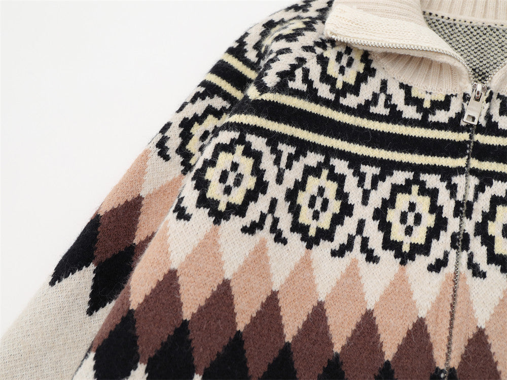 Men's Ethnic Jacquard Zip-Up Knit Cardigan Sweater – Argyle & Floral Pattern