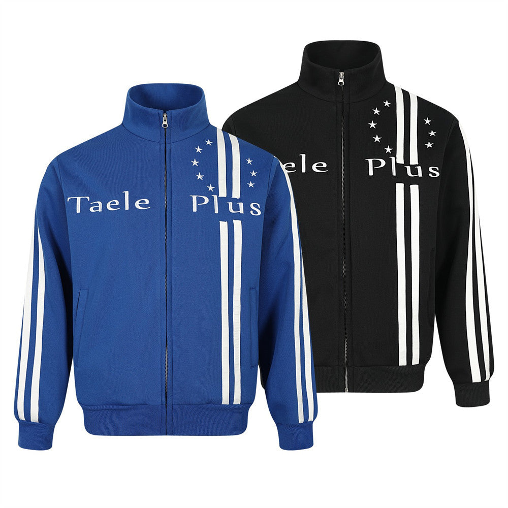 Track Jacket Mock Neck Full-Zip with Stripe Detail & Star Embroidery