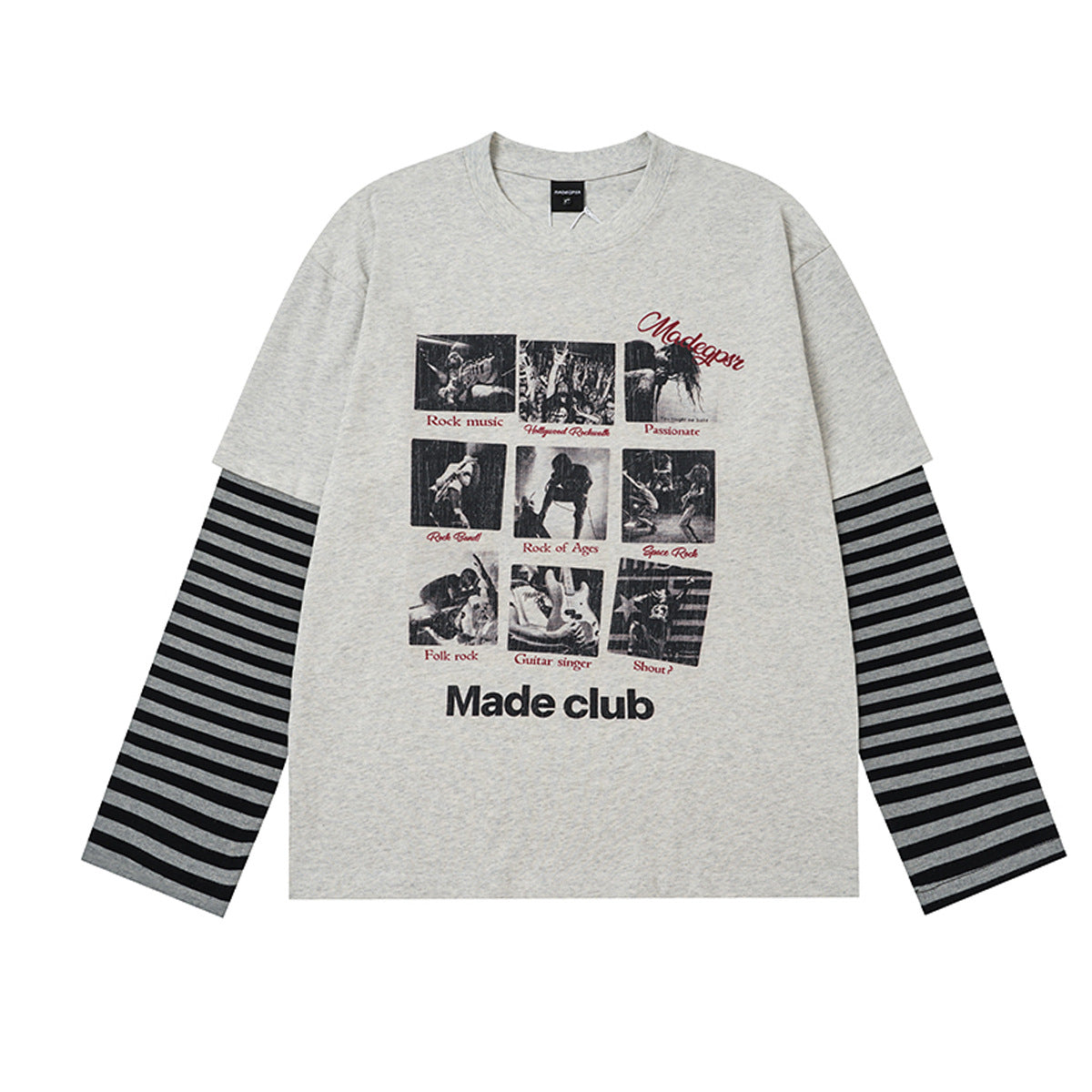 Oversized long sleeve t-shirt with rock concert Polaroid graphic print and faux-layered black-grey striped sleeves in heather