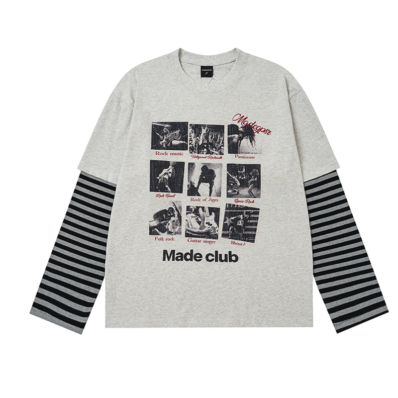 Oversized long sleeve t-shirt with rock concert Polaroid graphic print and faux-layered black-grey striped sleeves in heather