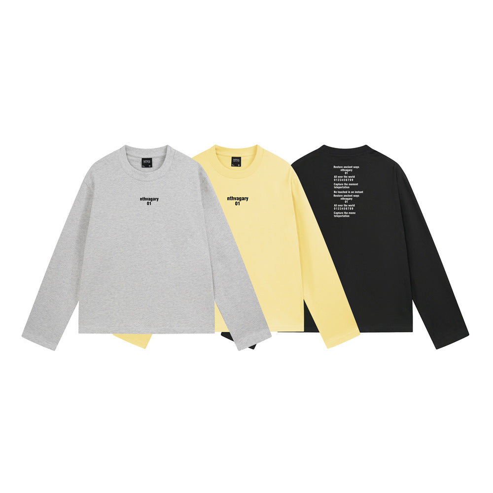 Oversized men's long sleeve crewneck t-shirt with nthvagary 01 chest print, shown in gray, yellow, and black colorways