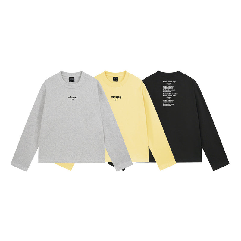 Oversized men's long sleeve crewneck t-shirt with nthvagary 01 chest print, shown in gray, yellow, and black colorways