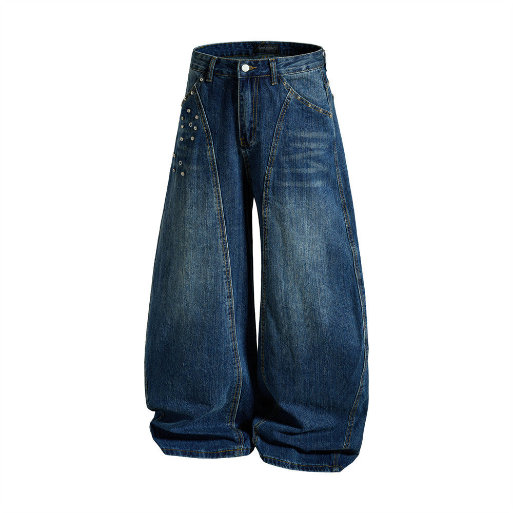 Men's Baggy Black Jeans Wide-Leg Rivet Punk Washed Denim Pants