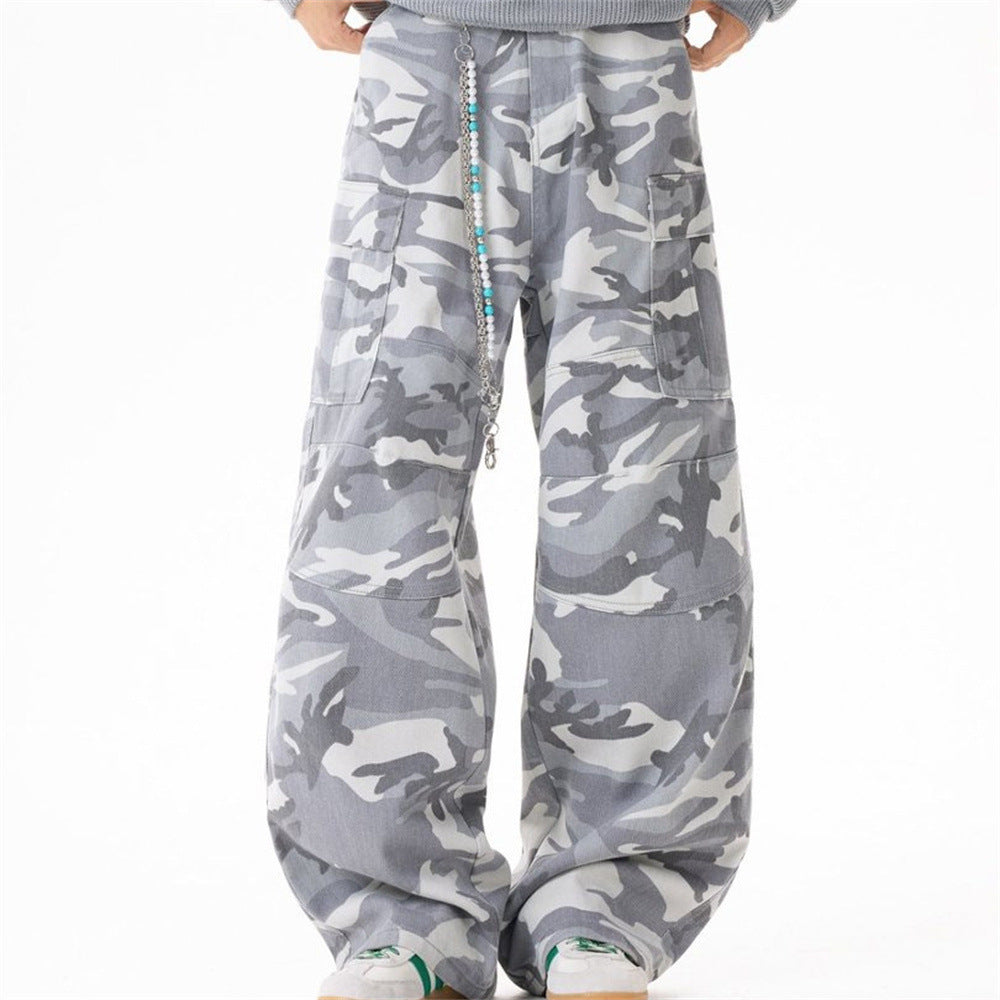 Mens baggy wide-leg cargo pants in grey and white snow camouflage print with side cargo pockets
