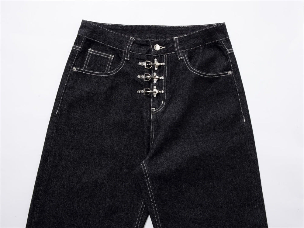 Black Wide-Leg Jeans – Metal Hook Closure & Contrast Stitching Streetwear Denim