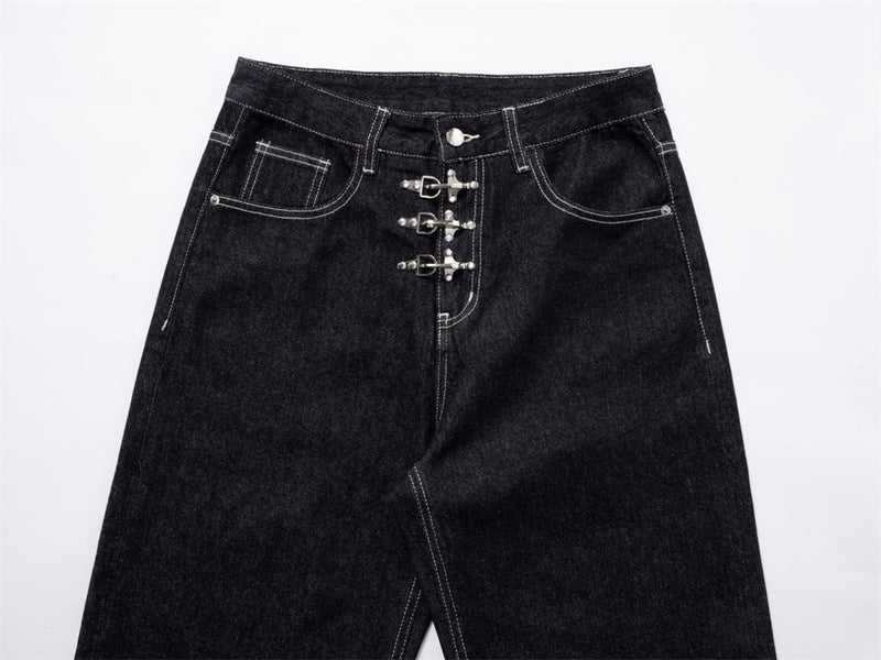 Black Wide-Leg Jeans – Metal Hook Closure & Contrast Stitching Streetwear Denim