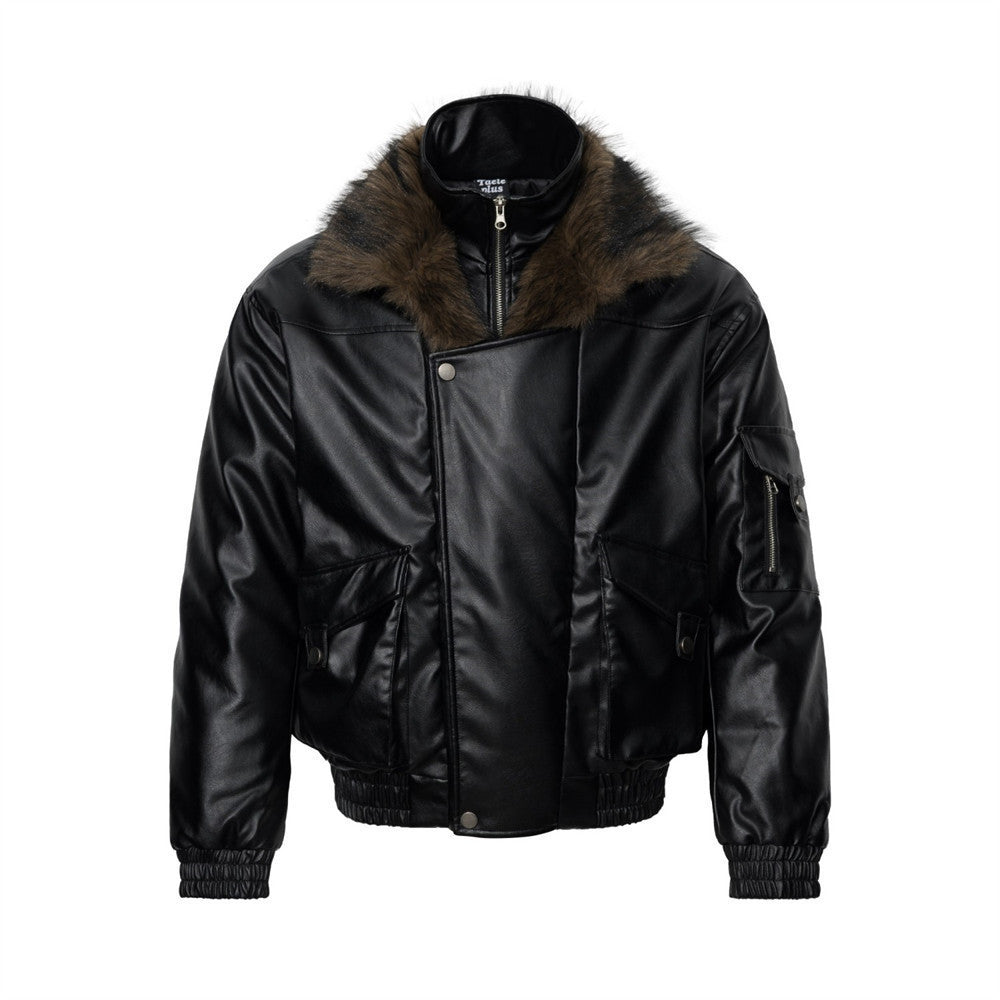 Men's black PU leather bomber jacket with faux fur collar, asymmetric zip, and large cargo pockets, front and back view
