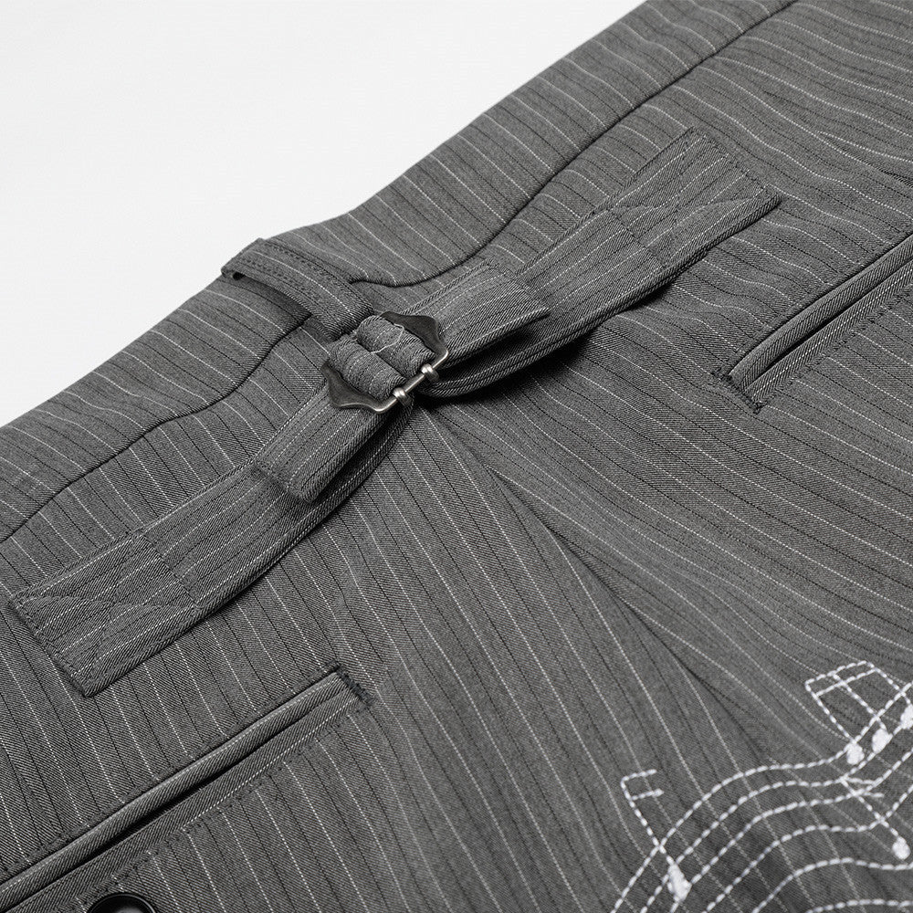 Pinstripe Wide-Leg Trousers with Music Note Embroidery