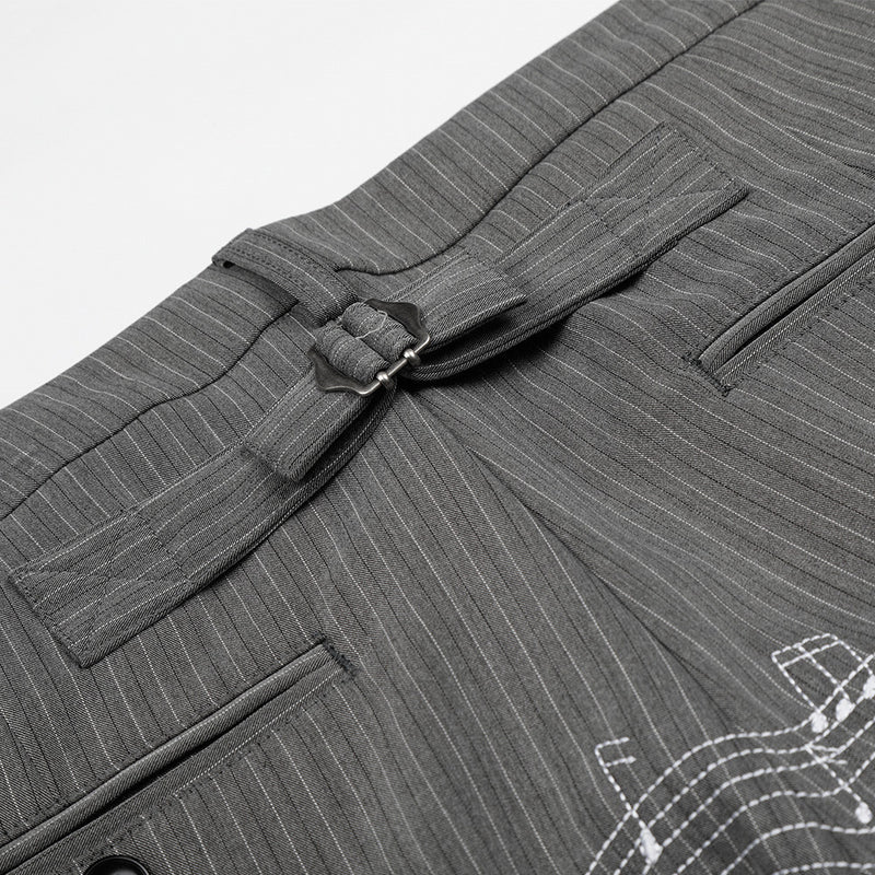 Pinstripe Wide-Leg Trousers with Music Note Embroidery