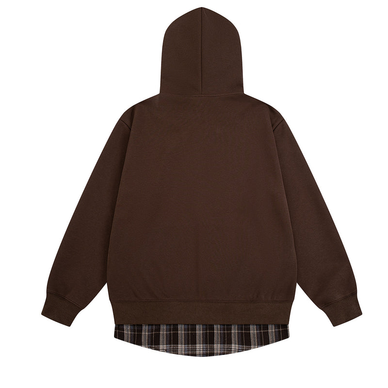 Sweat zippé à capuche avec croix brodée et détail à carreaux sur le bas
