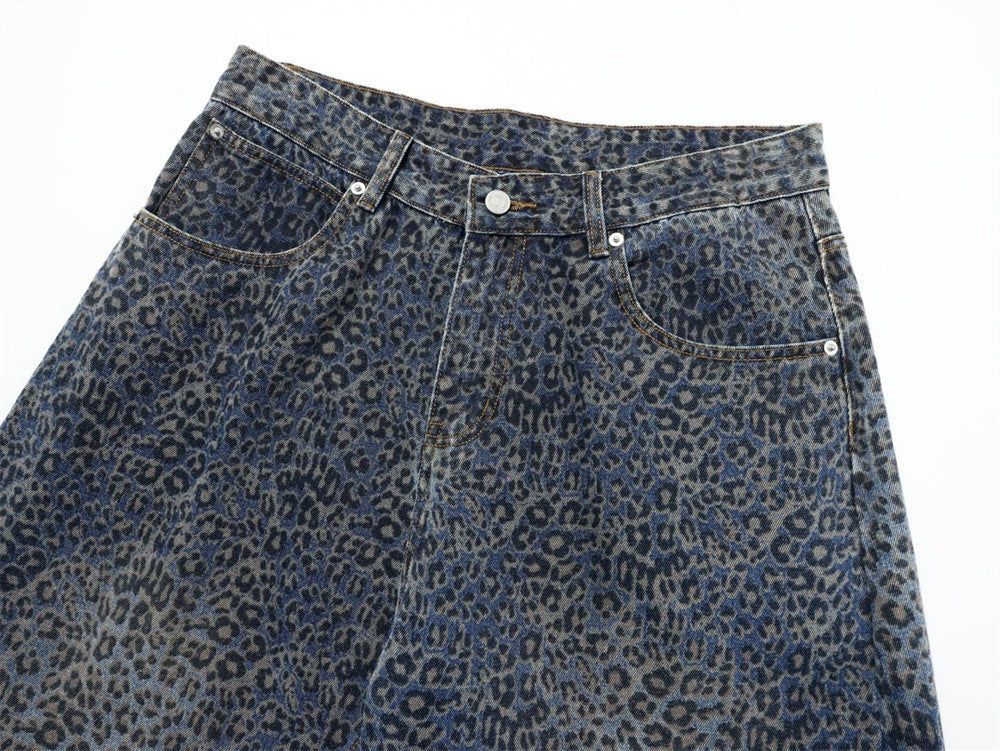 Leopard Print Wide-Leg Baggy Jeans – Oversized Curved Denim Pants