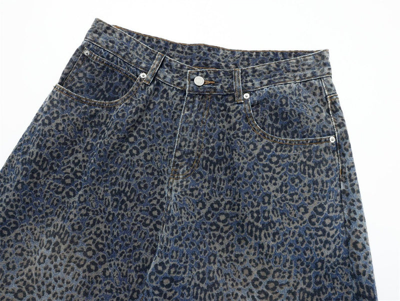 Leopard Print Wide-Leg Baggy Jeans – Oversized Curved Denim Pants