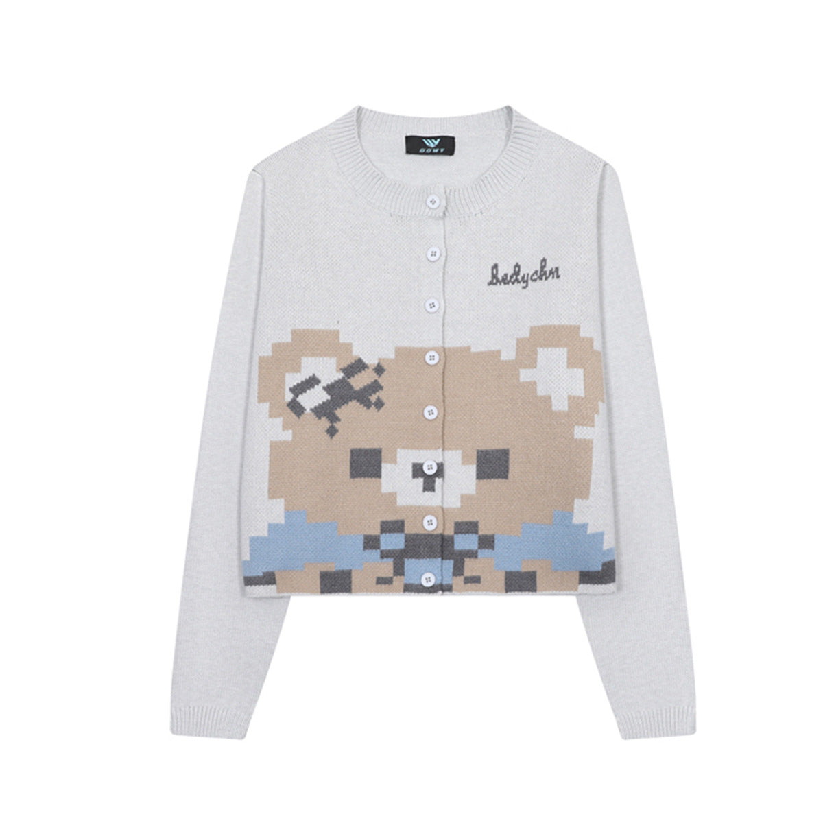 Pixel Bear Jacquard Knit Cardigan Sweater – Round Neck Button-Front