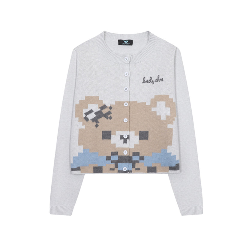 Pixel Bear Jacquard Knit Cardigan Sweater – Round Neck Button-Front