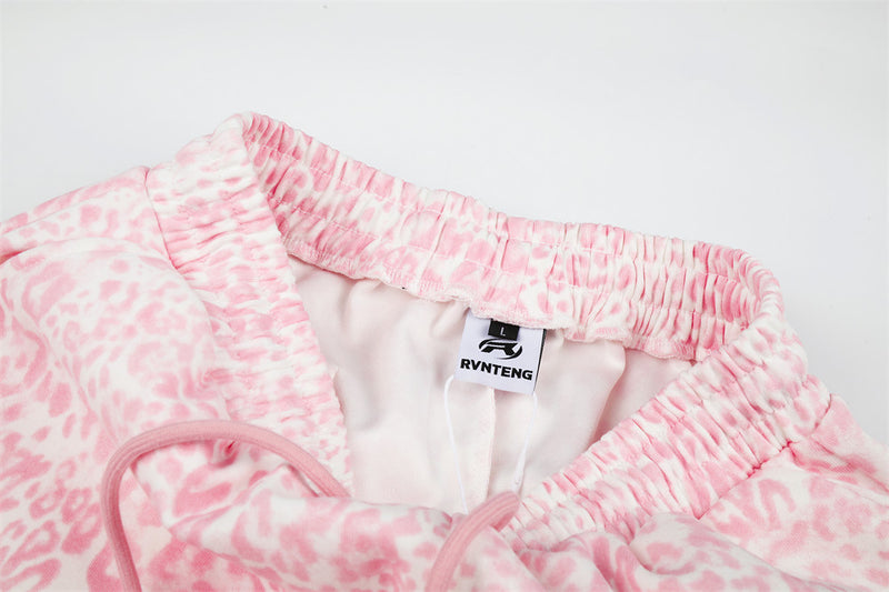 Pink Leopard Print Wide-Leg Sweatpants with Letter Embroidery