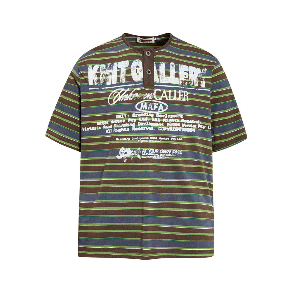 American Vintage Striped Henley Graphic T-Shirt – Oversized Short Sleeve