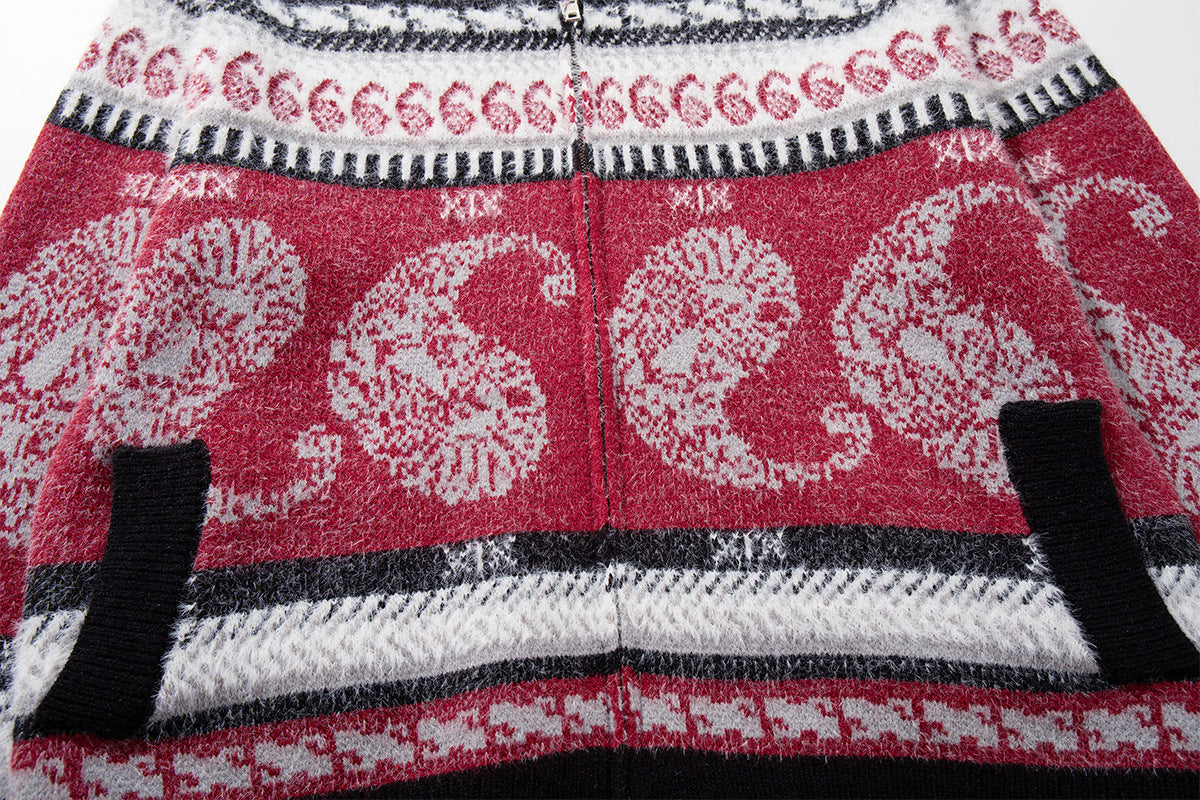 Paisley Fair Isle Knit Zip-Up Hoodie with Faux Fur Trim