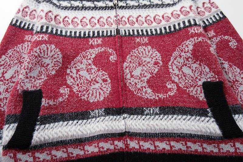 Paisley Fair Isle Knit Zip-Up Hoodie with Faux Fur Trim