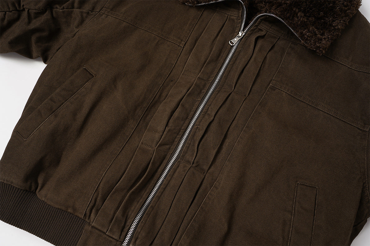 Retro Washed Cotton Bomber Jacket with Sherpa Collar