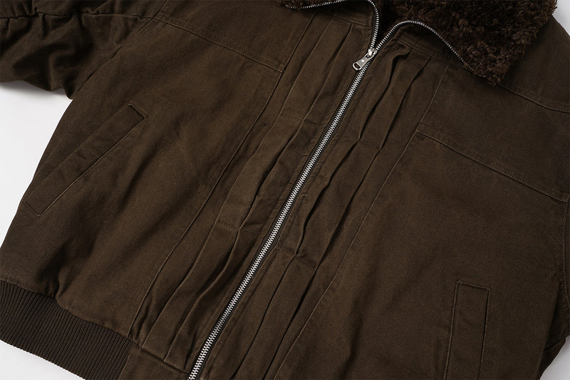 Retro Washed Cotton Bomber Jacket with Sherpa Collar