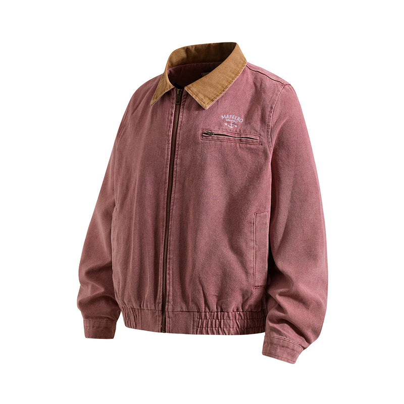 Chaqueta de lona lavada workwear con cuello de pana – Estilo barn de corte cuadrado