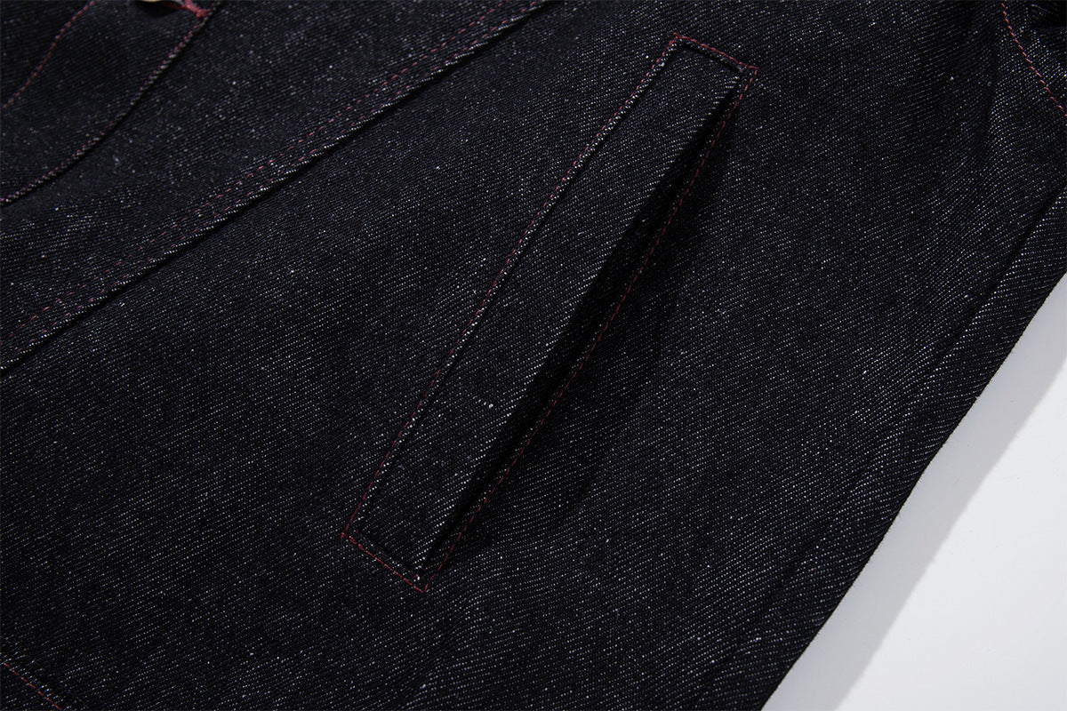 Boxy Raw Denim Jacket with Crocodile-Embossed Leather Panels