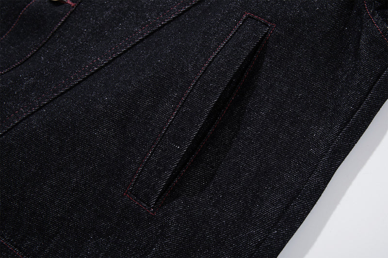 Boxy Raw Denim Jacket with Crocodile-Embossed Leather Panels