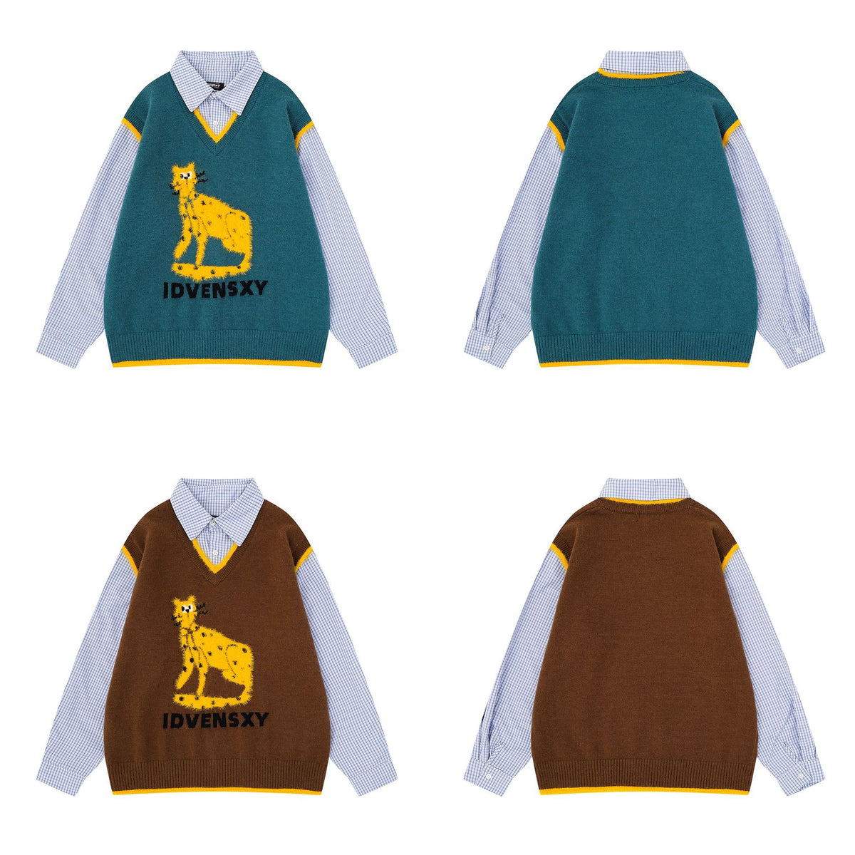 Cat Sweater for Humans – Layered Knit Vest & Plaid Shirt Two-Piece Look