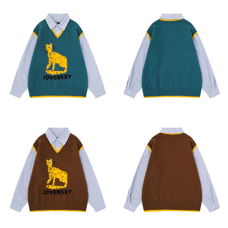 Cat Sweater for Humans – Layered Knit Vest & Plaid Shirt Two-Piece Look
