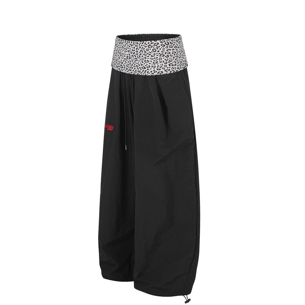 Wide-Leg Balloon Pants with Leopard Print Waistband & Drawstring Hem