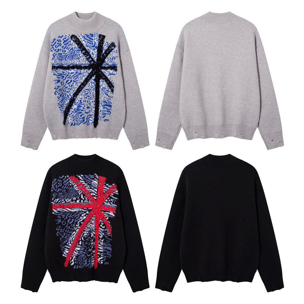 Men's Oversized Jacquard Knit Pullover Sweater with Union Jack Graphic