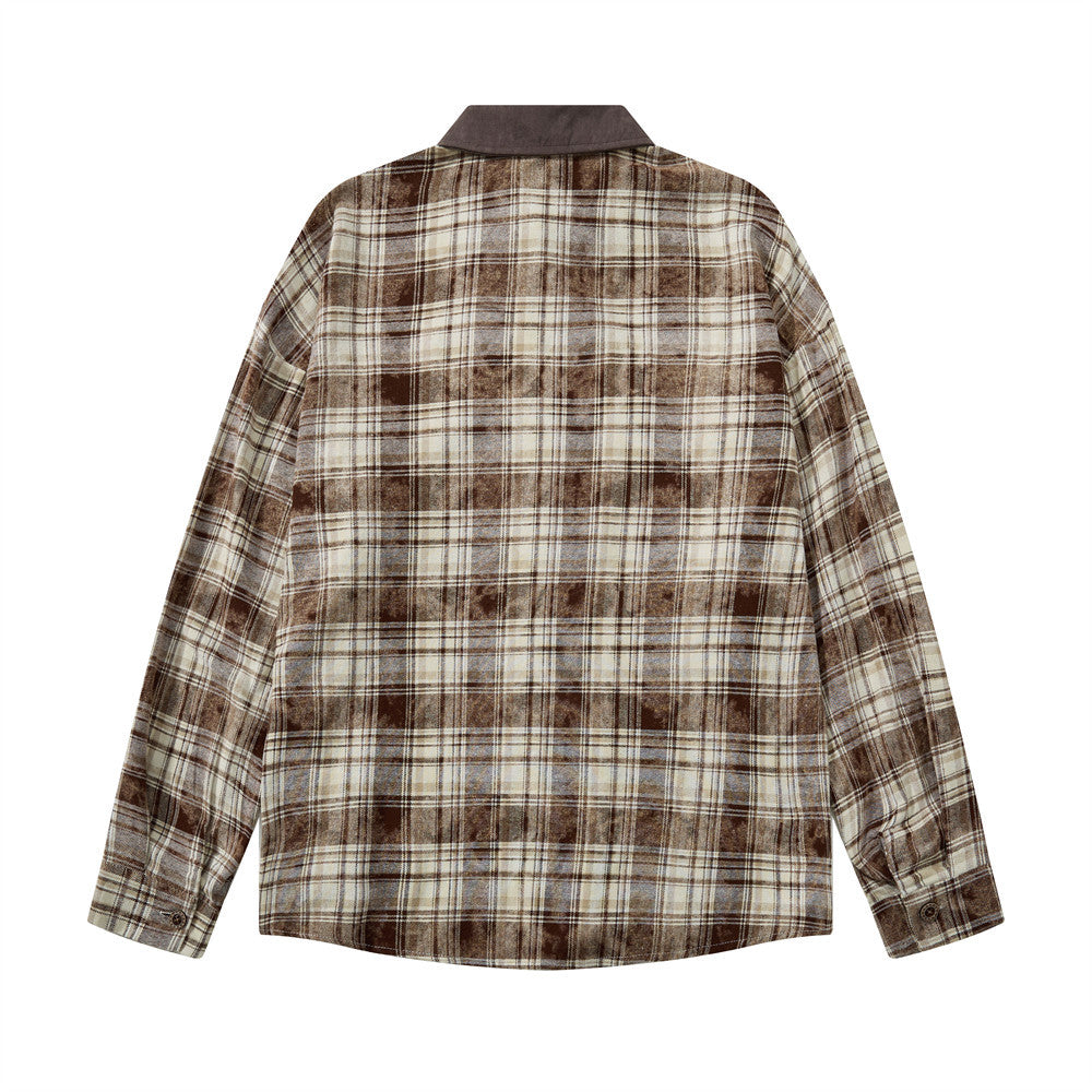 Men Long Sleeve Button Down Shirt Plaid Vintage Embroidered Flannel Overshirt