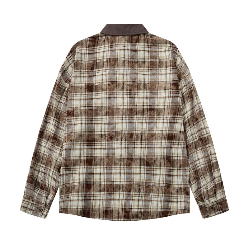 Men Long Sleeve Button Down Shirt Plaid Vintage Embroidered Flannel Overshirt
