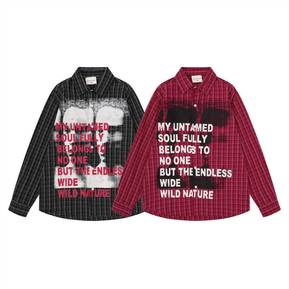 Flannel Long Sleeve Shirt Men – Oversized Plaid Abstract Face & Letter Print