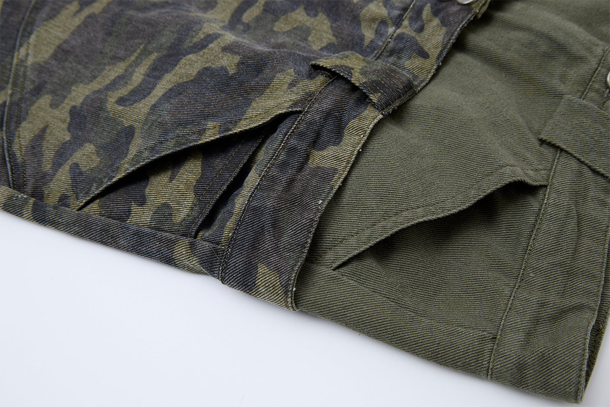 Camo Wide-Leg Balloon Pants – High-Waist Layered Faux Two-Piece with Cross Patch