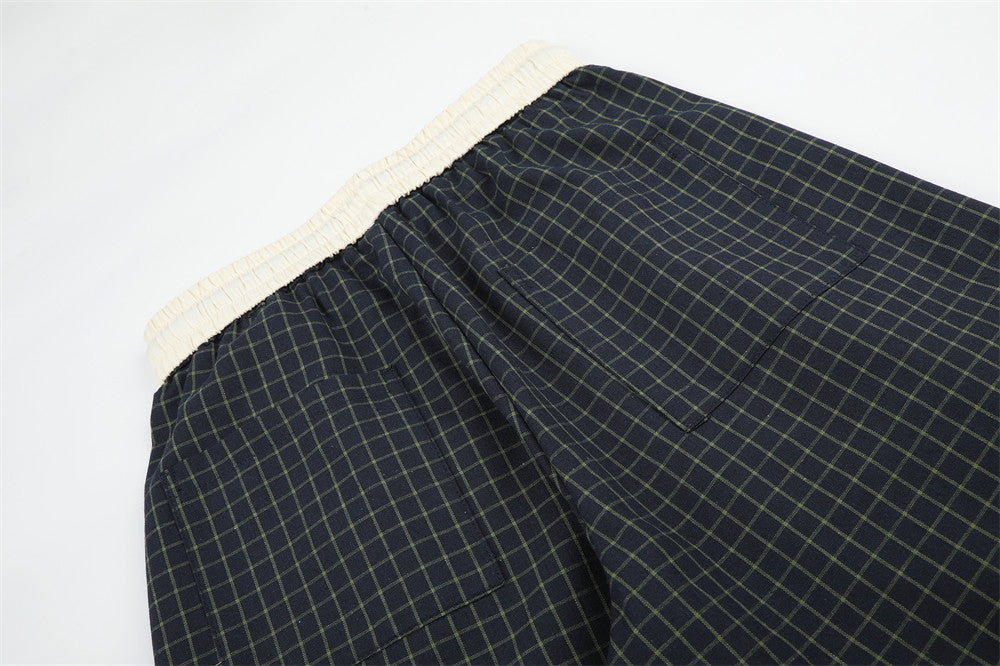 Wide-Leg Plaid Trousers – Elastic Waist Drawstring Contrast Band