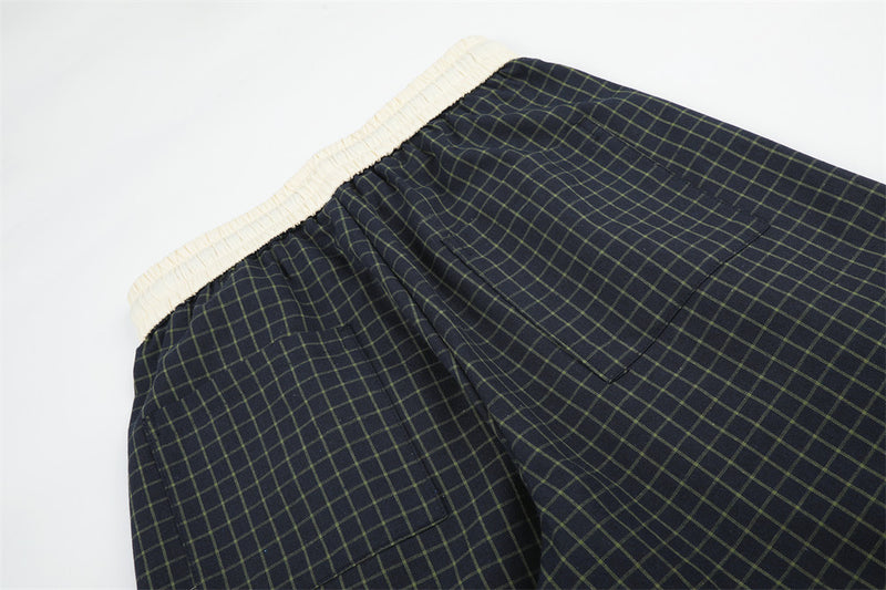 Wide-Leg Plaid Trousers – Elastic Waist Drawstring Contrast Band