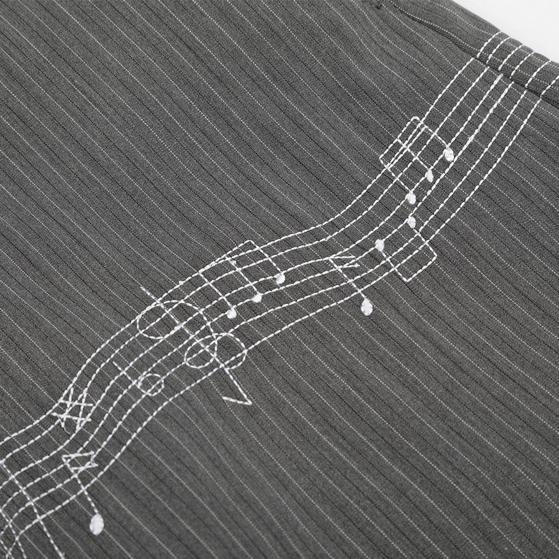 Pinstripe Wide-Leg Trousers with Music Note Embroidery