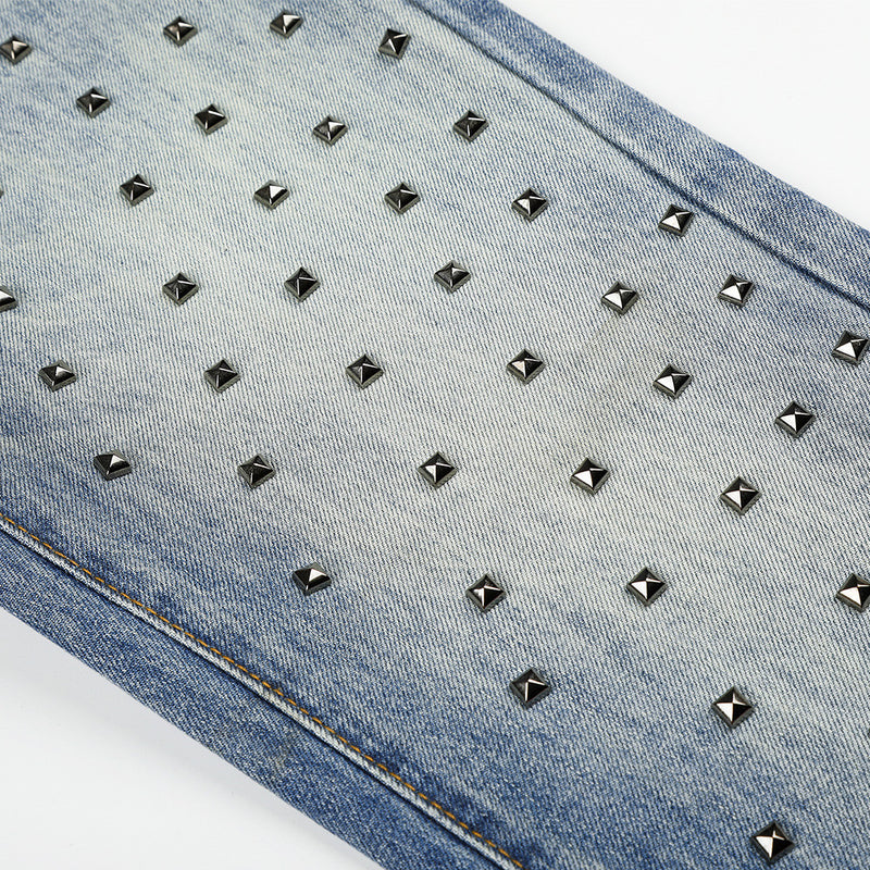 Jean flare homme bleu délavé à clous – Denim vintage délavé à jambe large