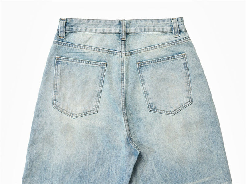 Wide-Leg Distressed Jeans – Light Wash Vintage Ripped Straight Denim
