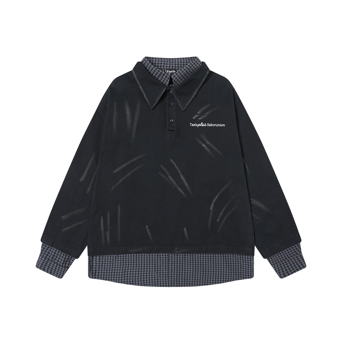 Men's Washed Faux Two-Piece Polo Sweatshirt – Black Distressed Layered Top