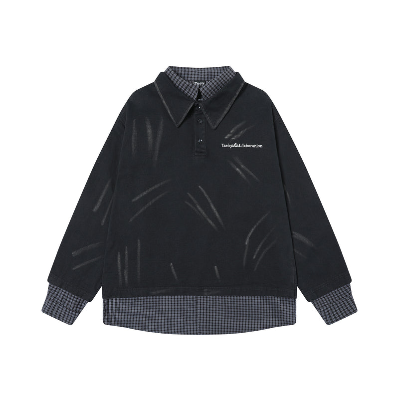 Men's Washed Faux Two-Piece Polo Sweatshirt – Black Distressed Layered Top