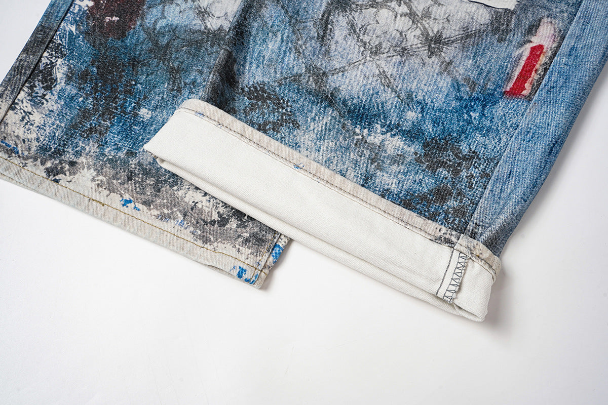 Jean baggy à jambes larges avec imprimé 3D – Denim délavé à ourlet incurvé