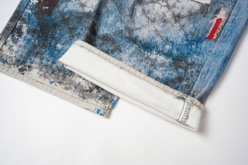 Jean baggy à jambes larges avec imprimé 3D – Denim délavé à ourlet incurvé