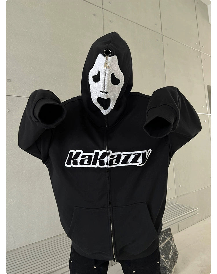 Scream-Inspired Hoodie - 400GSM Oversized Black Zip-Up Horror Movie Sweatshirt