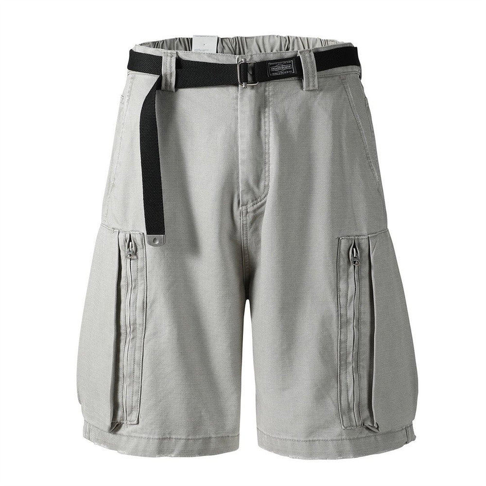 Men's belted cargo shorts in light grey with zip cargo pockets and webbing belt, straight-leg knee-length cut
